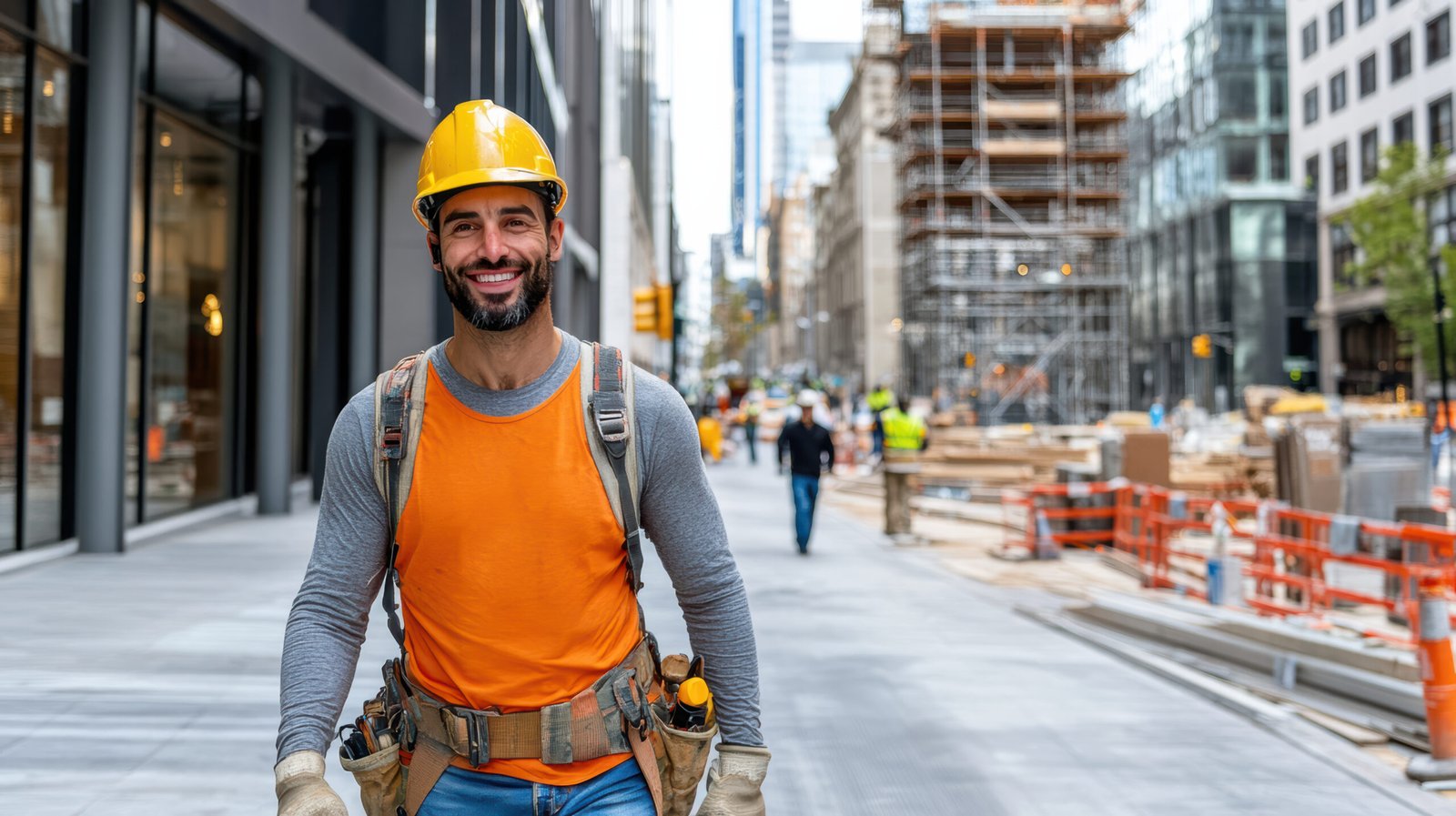 Vecteezy A Man In An Orange Shirt And Hard Hat Walking Down The Street 70029439 Scaled
